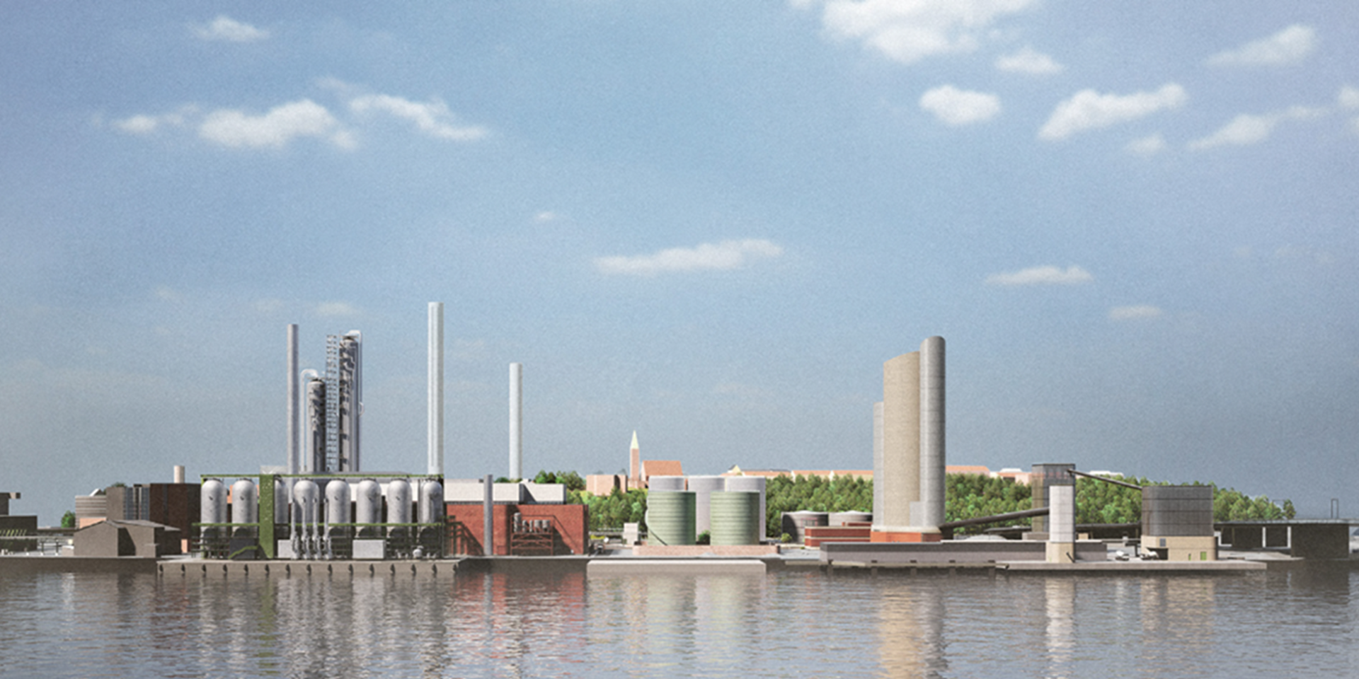 Så här kan Energihamnen i Värtan se ut från Bodal och Larsberg i farmtiden. Hjorthagens kyrka skymtar i mitten av bilden. Det som saknas är några lastbåtar med cement. Illustration: Stockholms stad